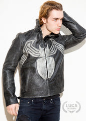 Mens Venom Logo Spiderman Marvel Leather Jacket Black