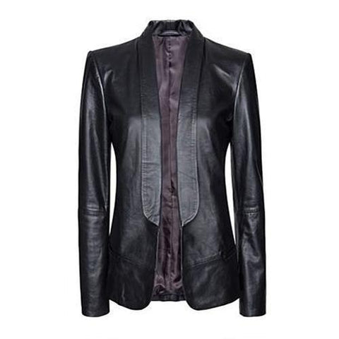 Super Longcollar Women Black Leather Blazers