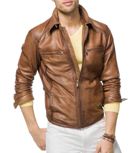 Super Tan Brown Men Biker Leather Jackets