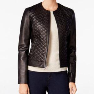 QUILTED FORMAL BLACK LEATHER JACKET FOR WOMEN