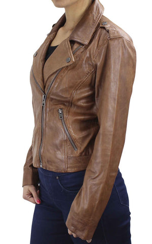 Women’s Brown Leather Biker Jacket 7WD3245