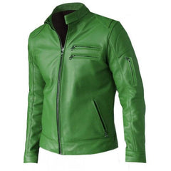 Super Regular Fit Part Wear Men Green Leather Jacket