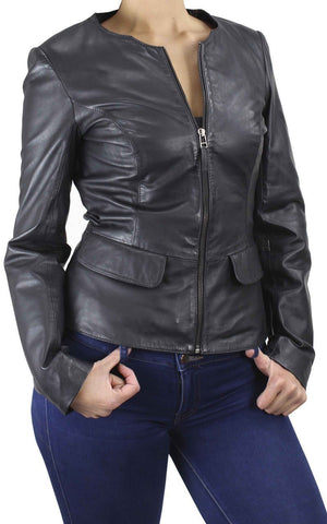 Paullete Collarless Women's Black Zip Leather Jacket