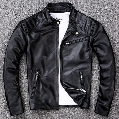 AYUNSUE Genuine Sheepskin Real Leather Motorcycle Jacket for Men