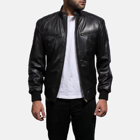 Express Sven Black Leather Bomber Jacket for Men