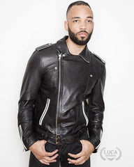 Mens Fashion Leather Jacket Black White Contrast