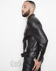 Mens Fashion Leather Jacket Black White Contrast