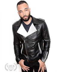 Mens Fashion Leather Jacket Black White Contrast