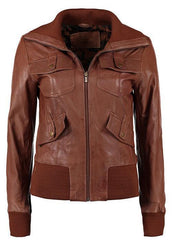 Super Cognac Women Bomber Leather Jackets