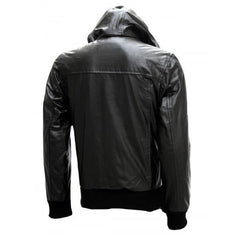 Super Exclusive Men's Black Bomber Leather Jacket with Hoodie