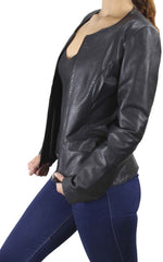 Paullete Collarless Women's Black Zip Leather Jacket