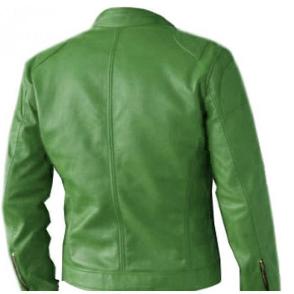 Super Regular Fit Part Wear Men Green Leather Jacket