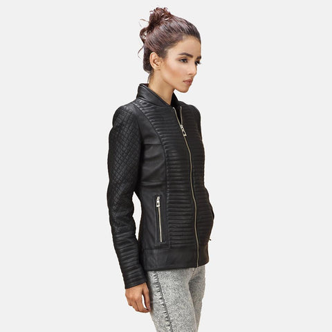 Express Cityscape Black Biker Leather Jacket for Women