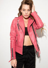 Womens Quilted Leather Motorcycle Jacket Pink