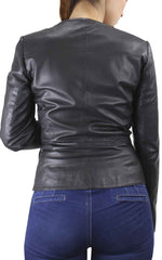 Paullete Collarless Women's Black Zip Leather Jacket