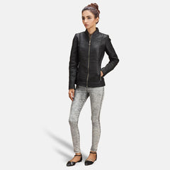 Express Cityscape Black Biker Leather Jacket for Women