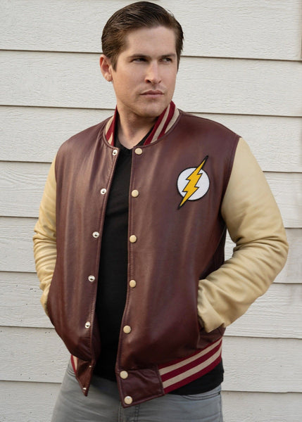 Mens The Flash Leather and Wool Bomber Jacket