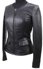 Paullete Collarless Women's Black Zip Leather Jacket