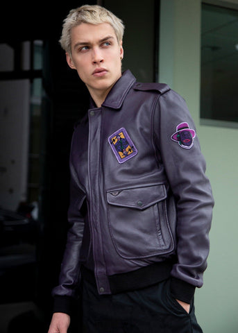 Mens Joker Bomber Leather Jacket Deep Purple