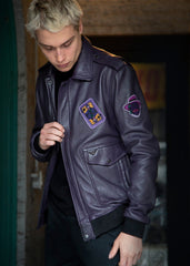 Mens Joker Bomber Leather Jacket Deep Purple