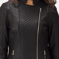 Express Quilted Black Biker Leather Jacket for Women