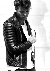 Mens Quilted Leather Motorcycle Jacket Black