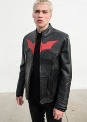 Mens Batman Armor Leather Motorcycle Jacket Red Bat Embossed