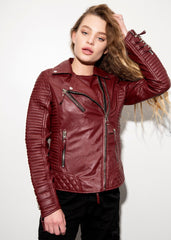 Womens Quilted Leather Motorcycle Jacket Maroon