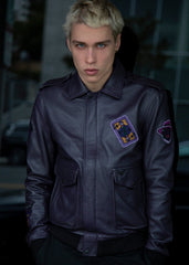 Mens Joker Bomber Leather Jacket Deep Purple