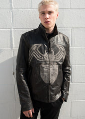 Mens Venom Logo Spiderman Marvel Leather Jacket Black