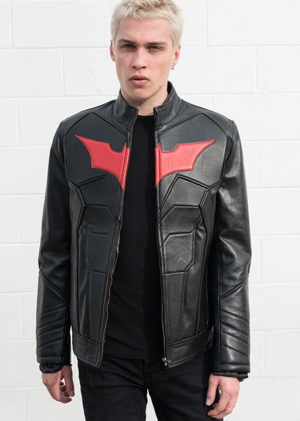 Mens Batman Armor Leather Motorcycle Jacket Red Bat Embossed