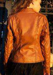 Womens Quilted Leather Motorcycle Jacket Light Brown