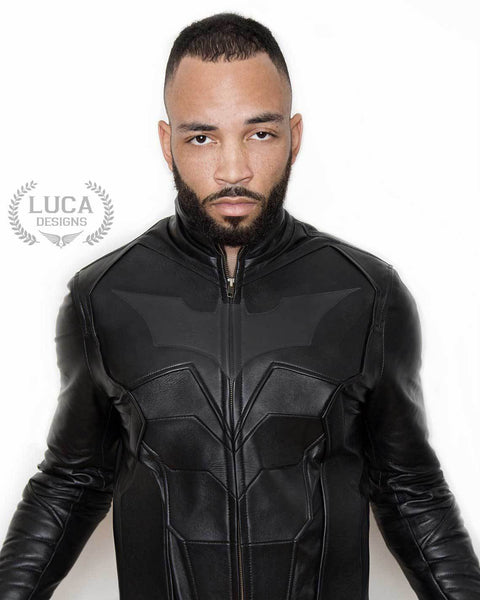 Mens Batman Armor Leather Motorcycle Jacket Black Bat Embossed