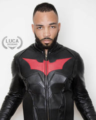 Mens Batman Armor Leather Motorcycle Jacket Red Bat Embossed