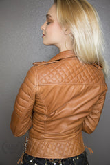 Womens Quilted Leather Motorcycle Jacket Brown