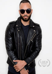 Mens Quilted Leather Motorcycle Jacket Black