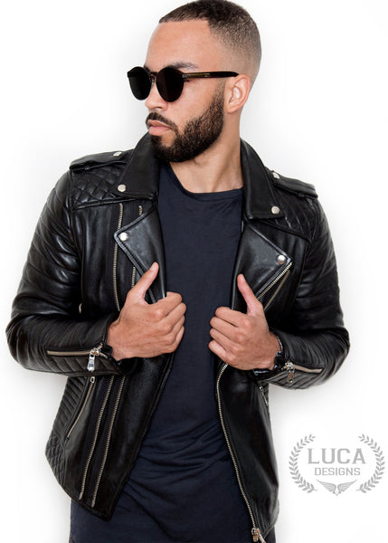 Mens Quilted Leather Motorcycle Jacket Black