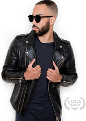 Mens Quilted Leather Motorcycle Jacket Black