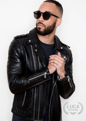 Mens Quilted Leather Motorcycle Jacket Black