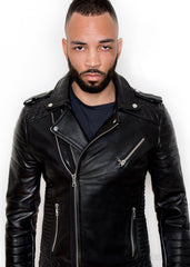 Mens Quilted Leather Motorcycle Jacket Black