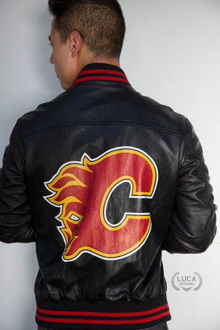 Mens Calgary Flames NHL Hockey Bomber Leather Jacket