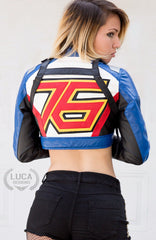 Womens Soldier 76 Crop Top Leather Jacket Blue Gold Black Green