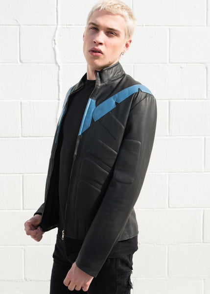 Mens Nightwing Leather Jacket Black Blue Eagle Logo