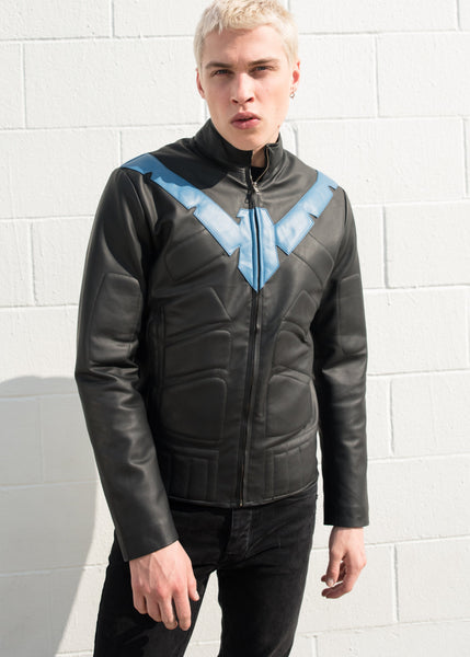 Mens Nightwing Leather Jacket Black Blue Eagle Logo