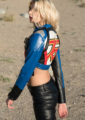 Womens Soldier 76 Crop Top Leather Jacket Blue Gold Black Green