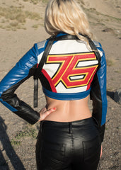 Womens Soldier 76 Crop Top Leather Jacket Blue Gold Black Green