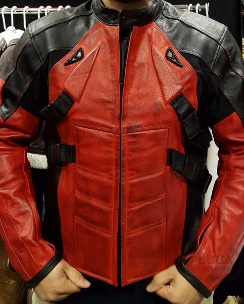 Mens Deadpool Leather Motorcycle Jacket Red and Black Armored