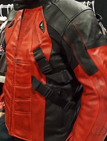 Mens Deadpool Leather Motorcycle Jacket Red and Black Armored