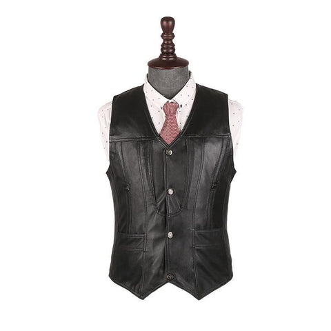 Office Men Slim Fit Genuine Leather Vest Motorcycle Sleeveless Jacket