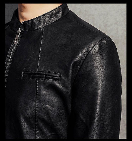 Men Slim Short Genuine Leather Jacket with Zipper Pockets